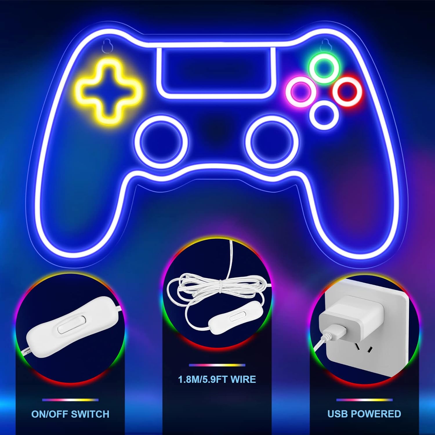 Gamer Neon Sign - LED Gamepad Neon Light for Teen Boy Room Decor | USB Powered