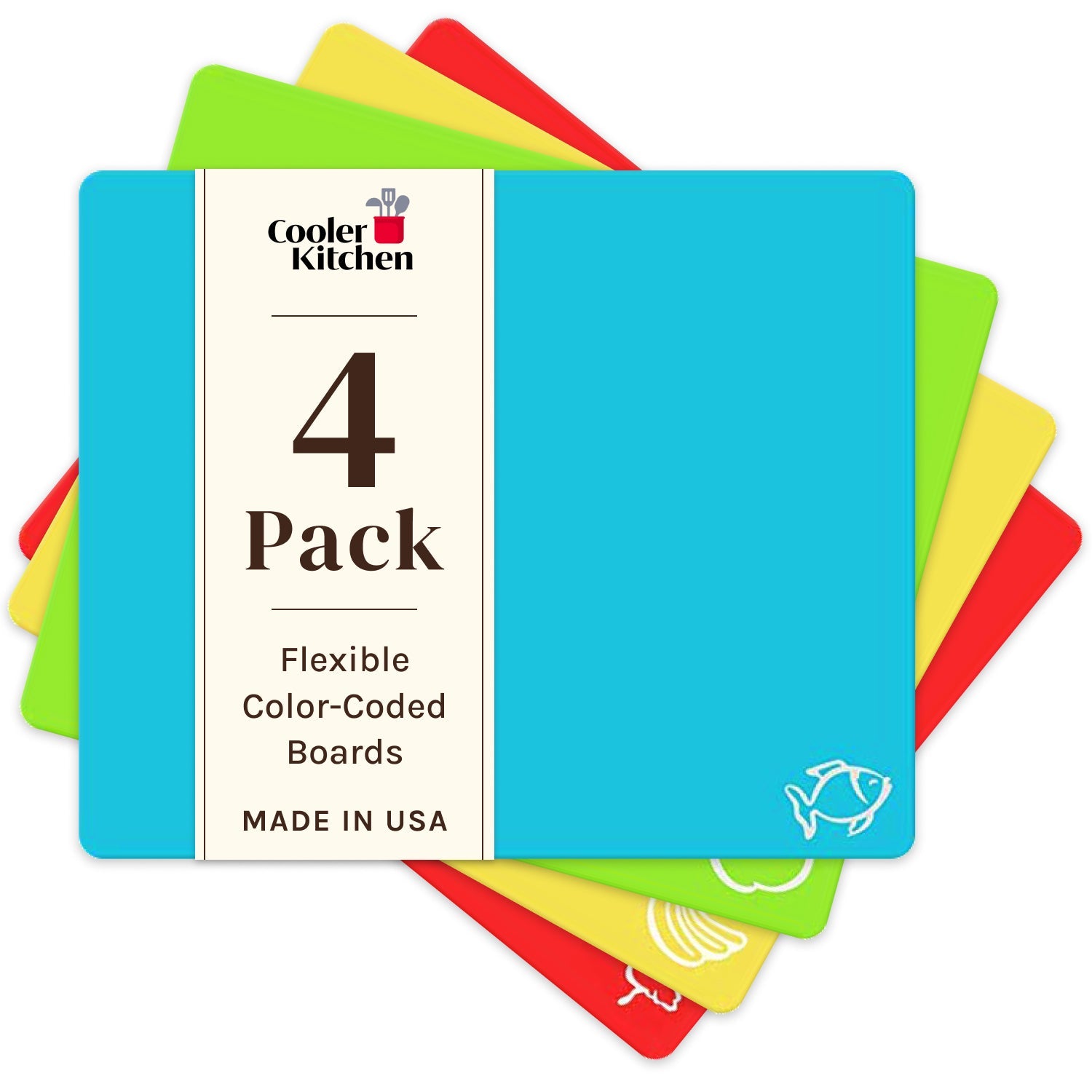 Small Extra Thick Flexible Plastic Cutting Board Mats With Food Icons & "EZ-Grip" Waffle Back (Set of 4) - Small Chopping Board Set