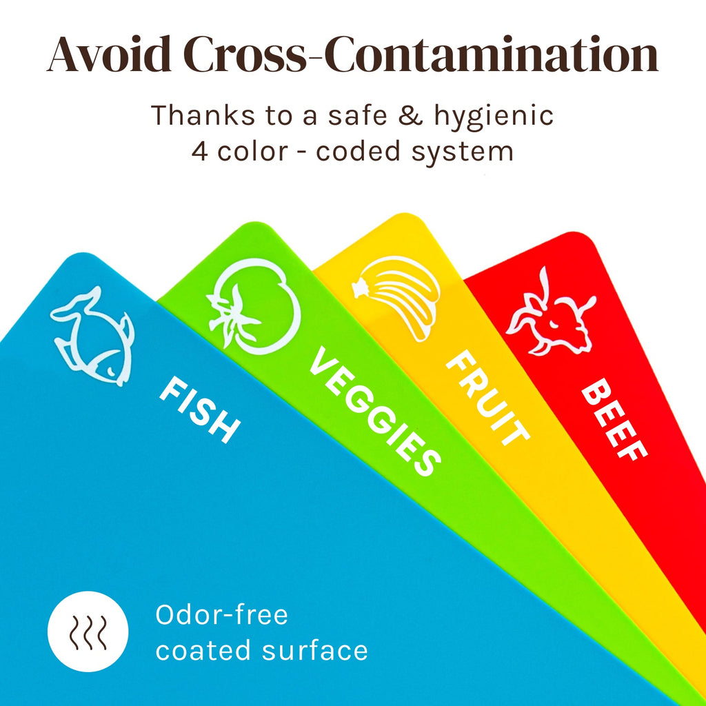 Small Extra Thick Flexible Plastic Cutting Board Mats With Food Icons & "EZ-Grip" Waffle Back (Set of 4) - Small Chopping Board Set