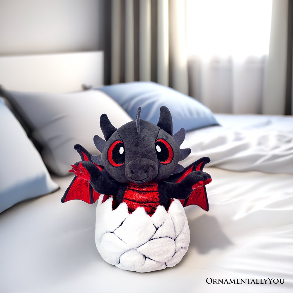 Drogo the Dino in an Egg Plushie, 12" Black and Red Dinosaur Stuffed Animal Gift for Boys and Teens