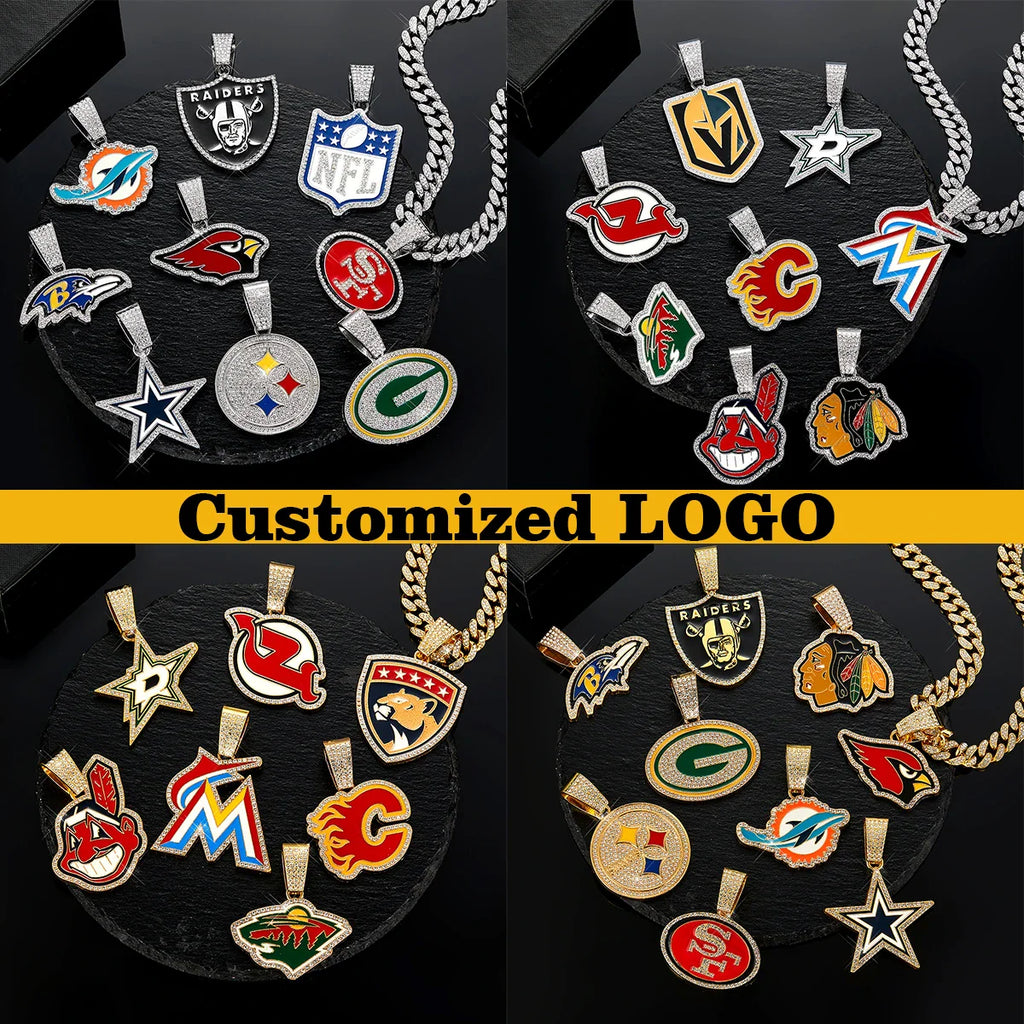 Sports Customized LOGO Pendant Necklace with Iced Out Cuban Chains for Football Fans Birthday Gifts