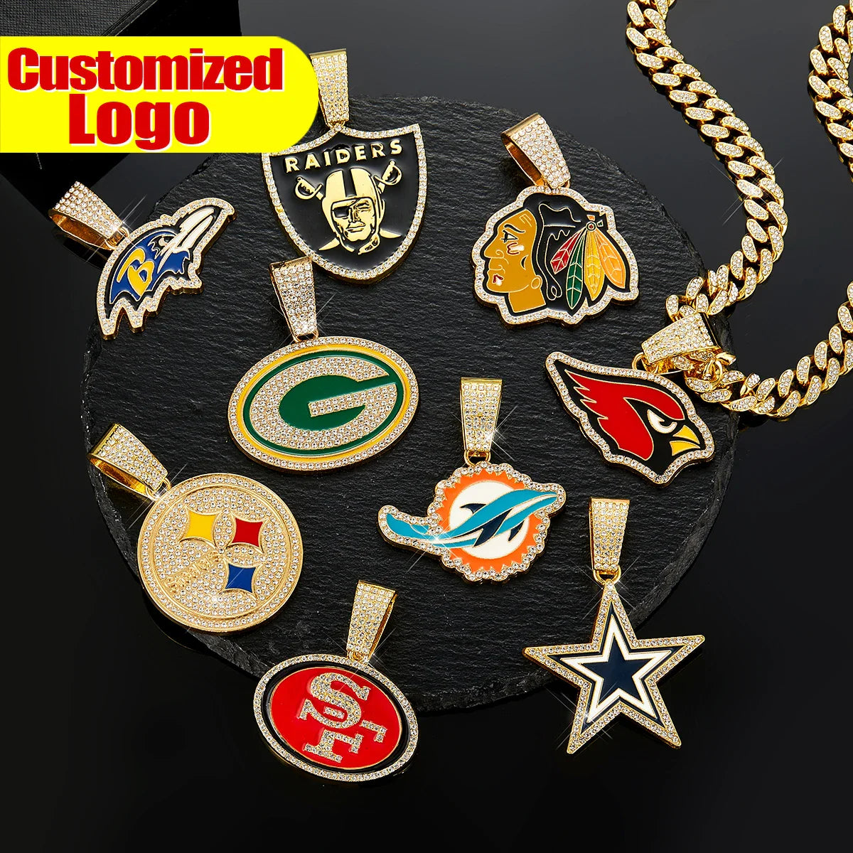 Sports Customized LOGO Pendant Necklace with Iced Out Cuban Chains for Football Fans Birthday Gifts