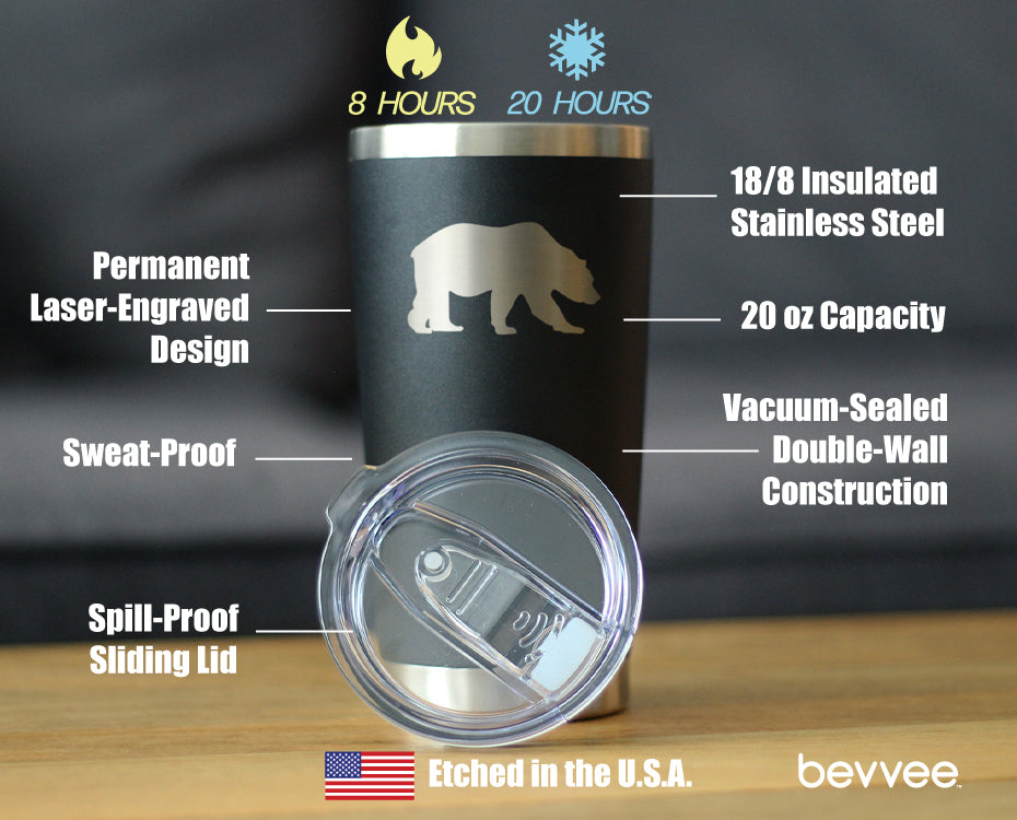 Bear Silhouette - Insulated Coffee Tumbler Cup with Sliding Lid - Stainless Steel Travel Mug - Bear Gifts for Women and Men
