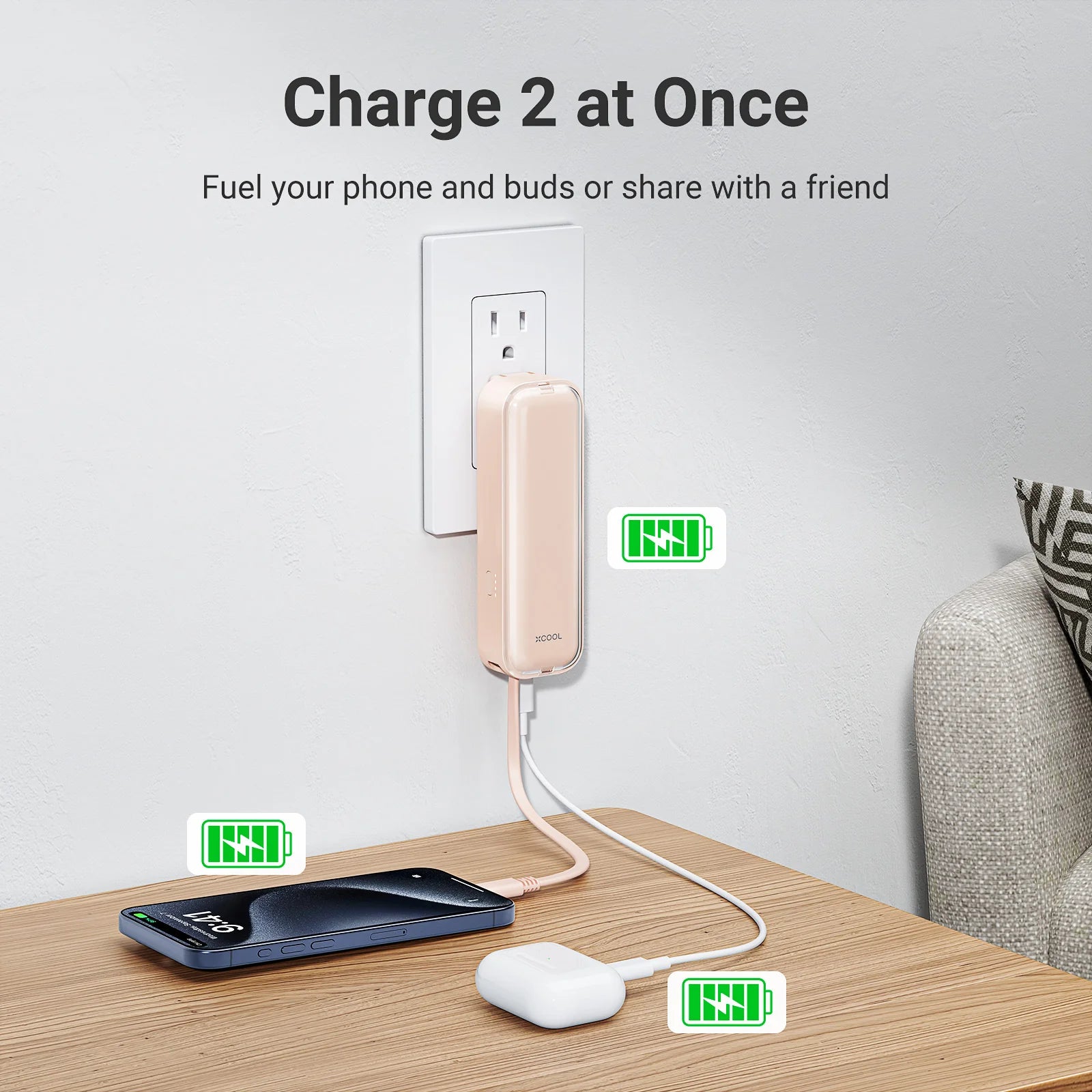 xCool CablePlug™ 3-in-1 Power Bank with Built-In Cable and Wall Plug, 5,000mAh