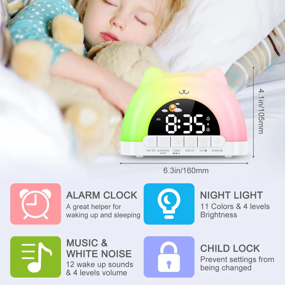 Cute Cat Rainbow Night Light & Alarm Clock