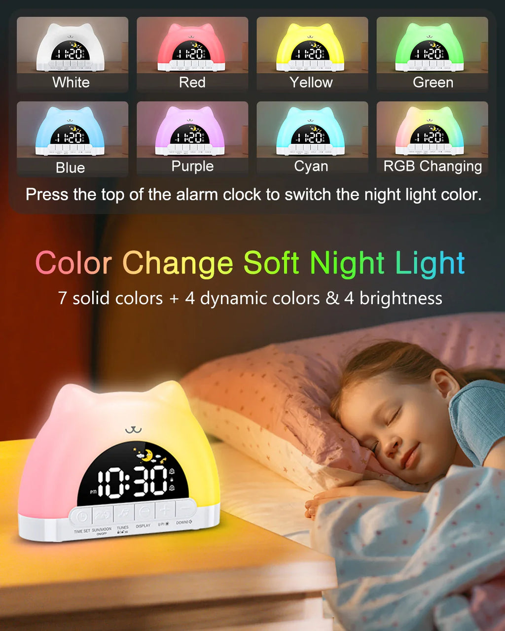 Cute Cat Rainbow Night Light & Alarm Clock