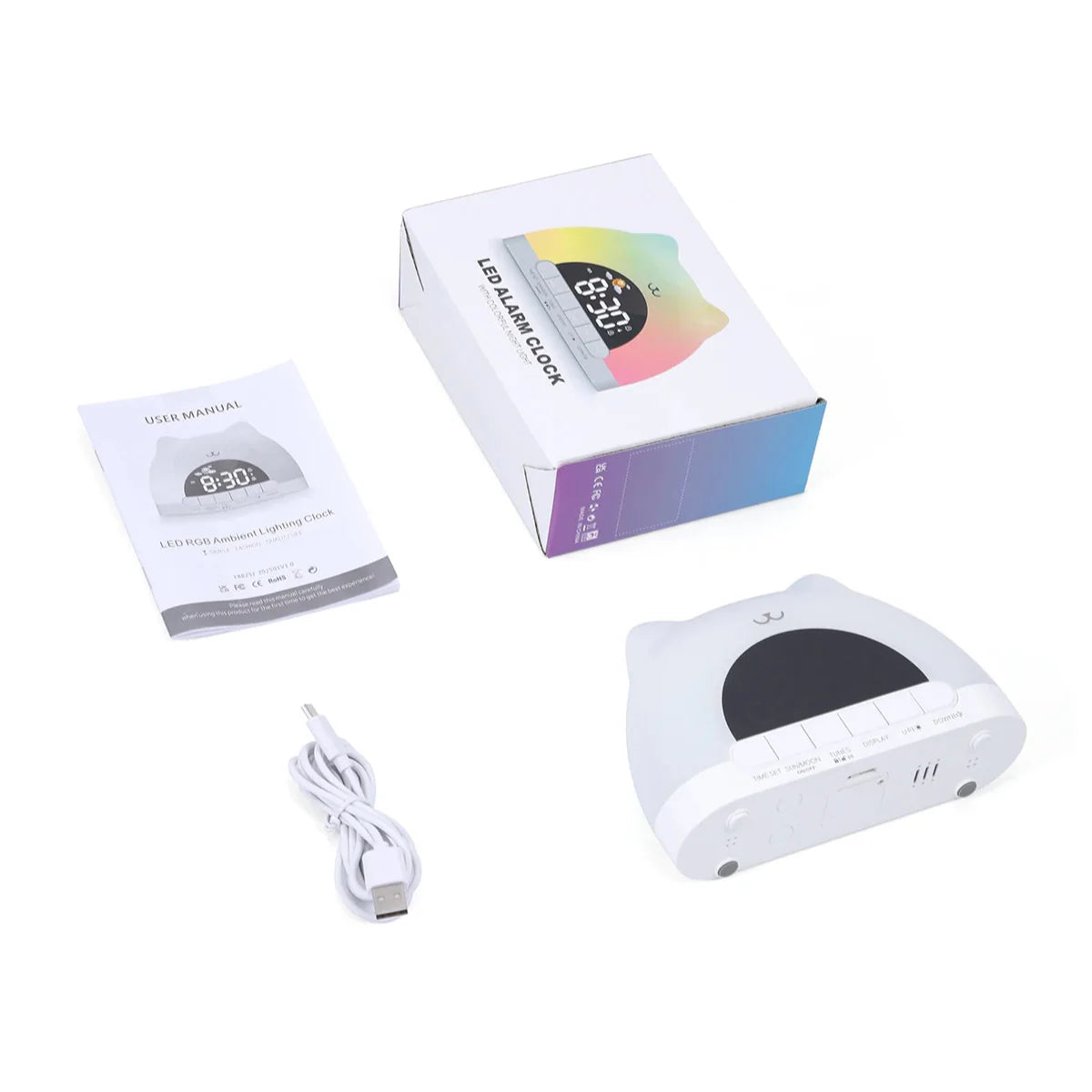 Cute Cat Rainbow Night Light & Alarm Clock