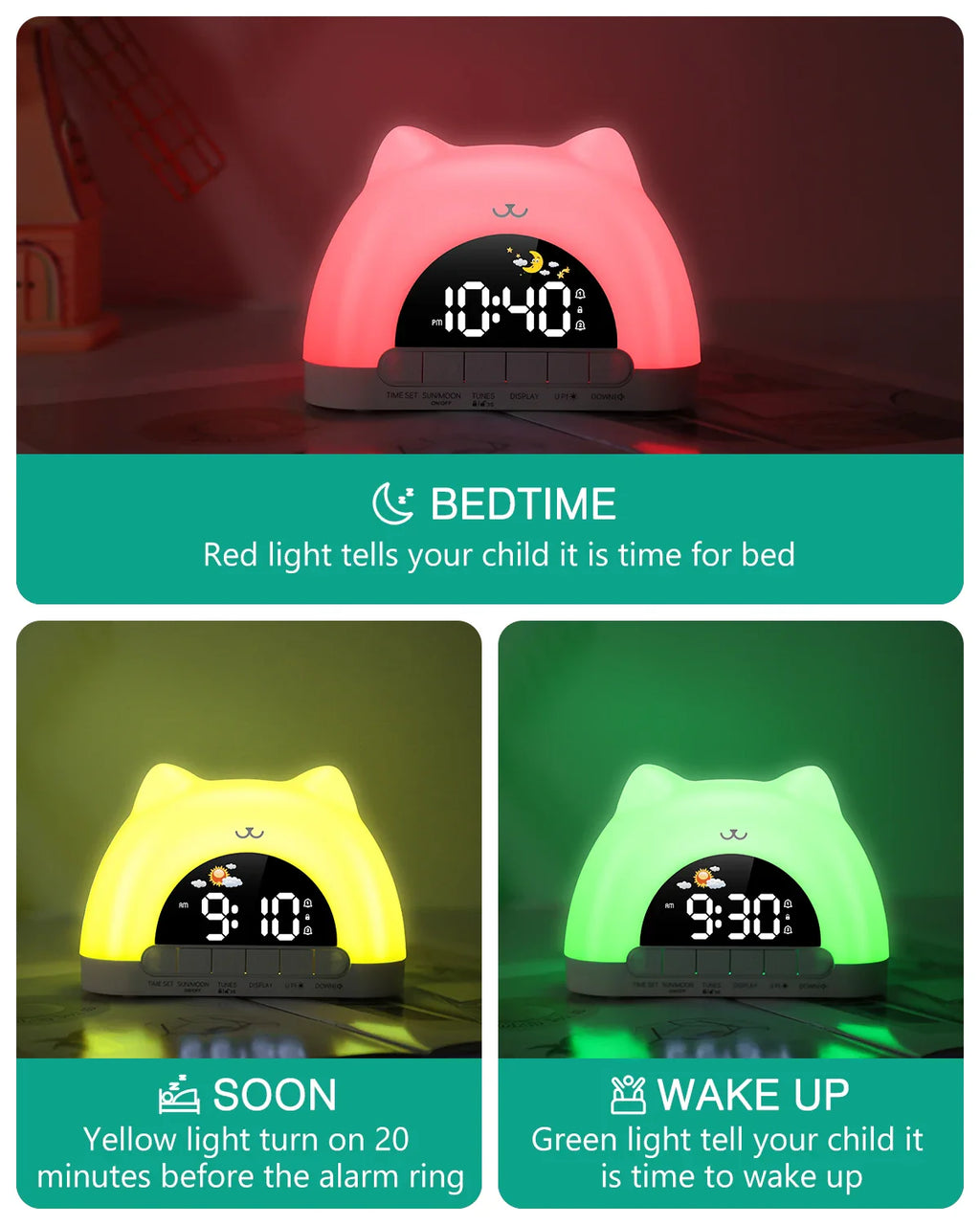 Cute Cat Rainbow Night Light & Alarm Clock