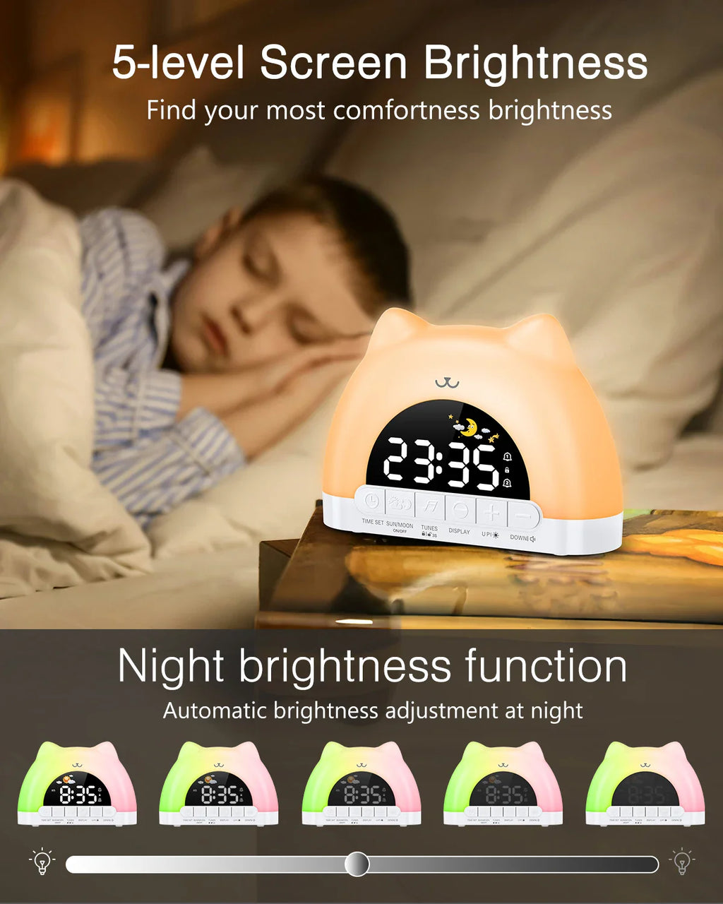 Cute Cat Rainbow Night Light & Alarm Clock