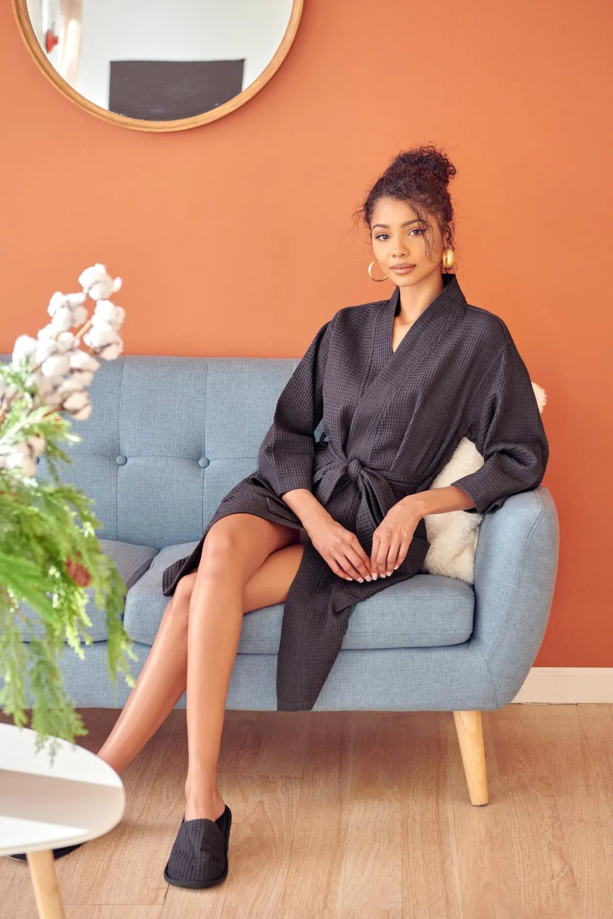 Knee-Length Waffle Kimono Robe for Women